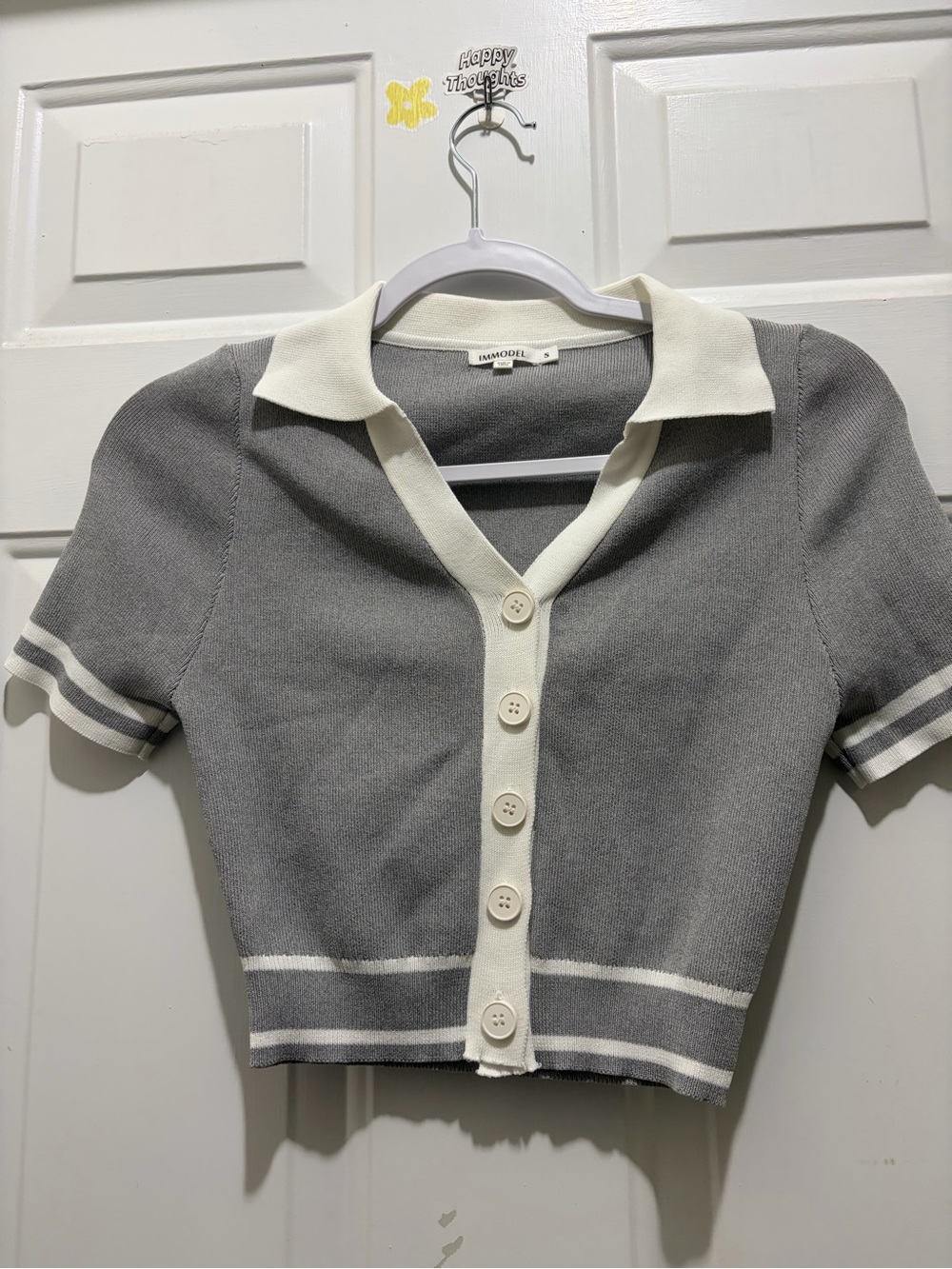 Baby doll Immodel Gray & White Button Trim Crop Top Sz S